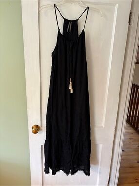 Anthropologie Black Sleeveless Midi Dress with Tassel Tie